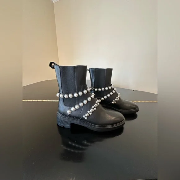 NWT RARE Luxury Winter Minimalist Zara Pearl Strap Genuine Leather Ankle Boots - Picture 16 of 17